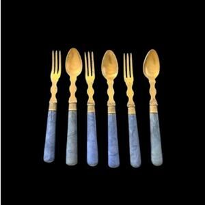 Vintage French Dessert Flatware Set Blue Marbled Handles Set of 6